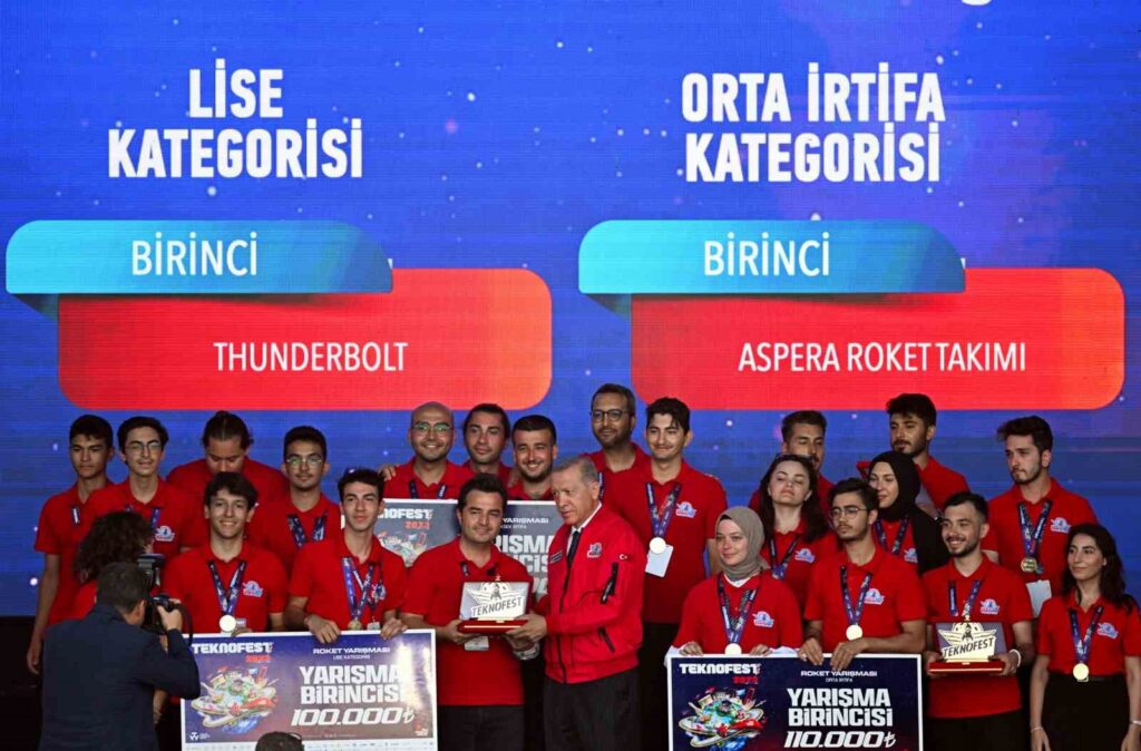 Teknofest birincisi olan GAÜN takımı ödülünü Cumhurbaşkanı Erdoğan’dan aldı